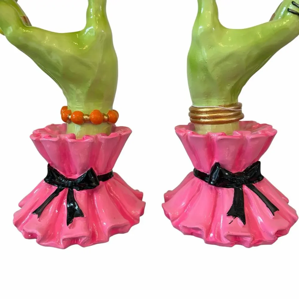 Broomstick Blvd Witch Hand Taper Candle Holders Set 2 Pink Green Halloween NEW